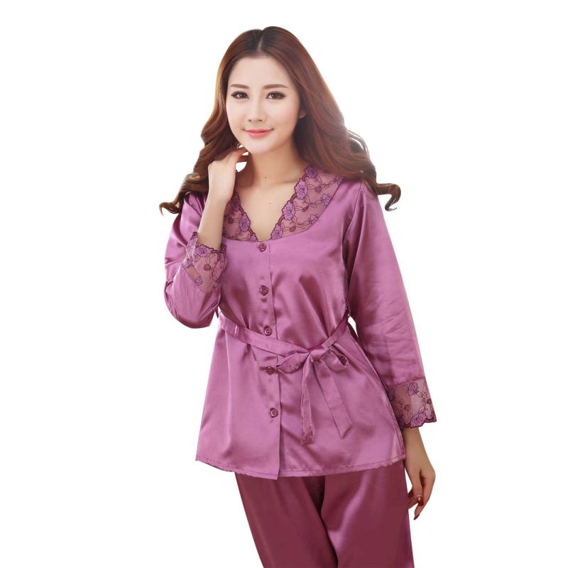 2pcs Women Lace Satin Silk Lace Long Sleeve Nightwear Sleepwear Pajama Set | eBay